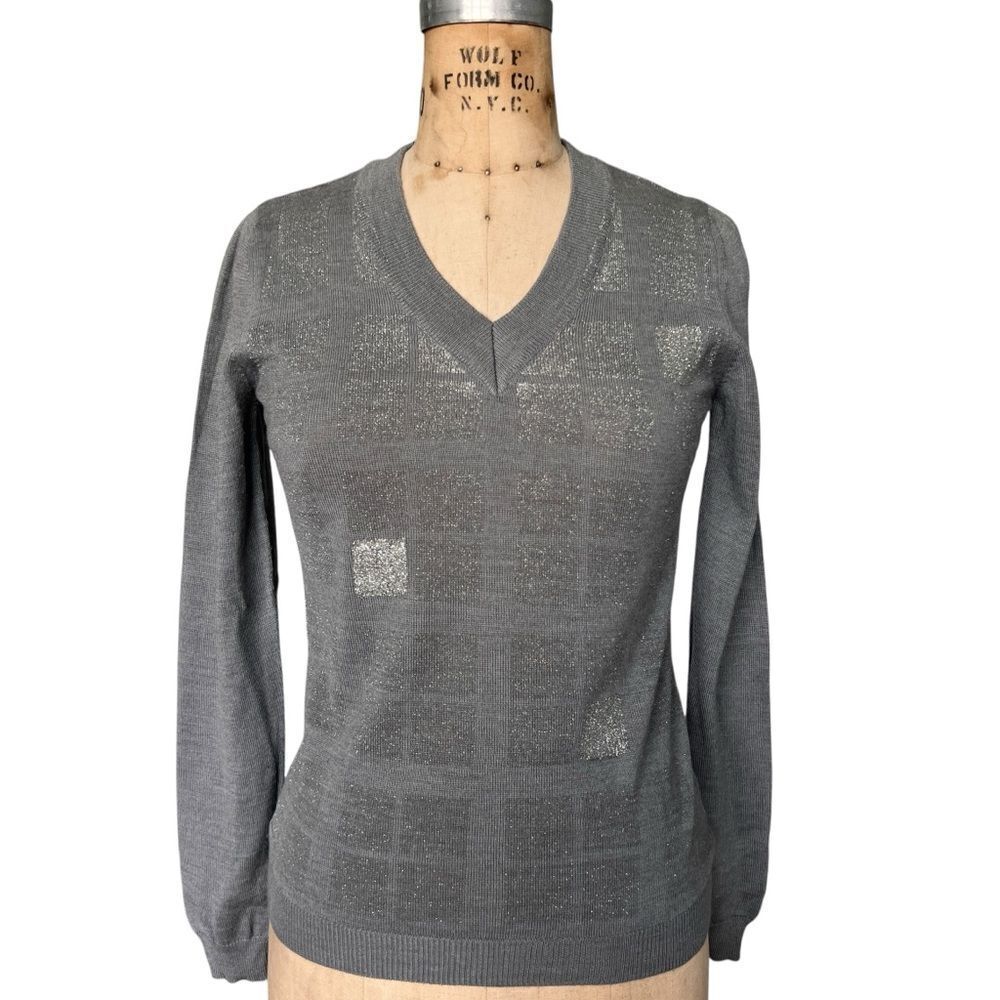 Egon Furstenberg Grey Glitter Luxury V-Neck Sweater M